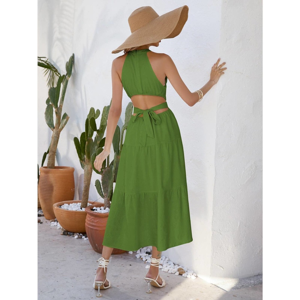 boho Solid Layered Hem Halter Neck Cut Out Waist maxi Dress - Picture 3 of 11